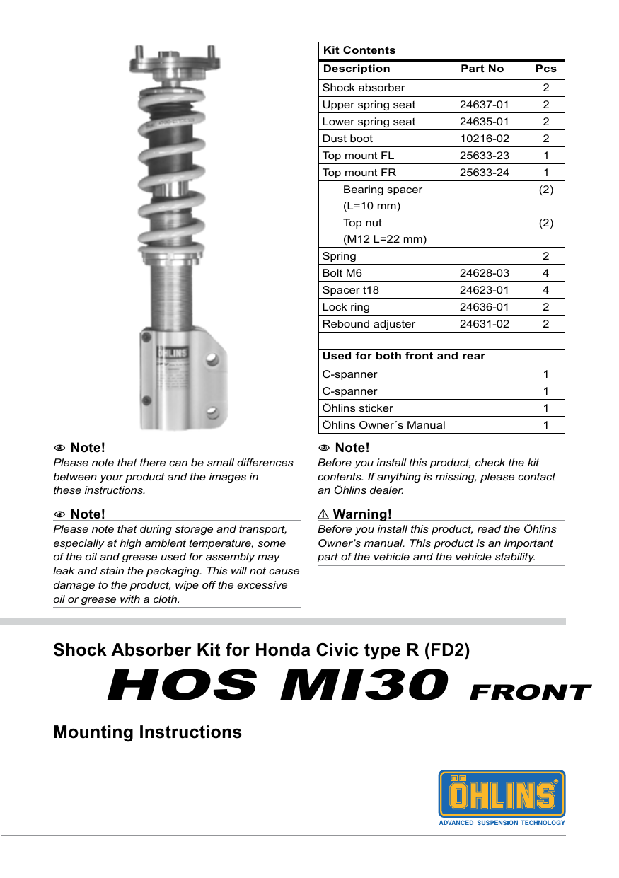 Ohlins Hos Mi30 Honda Civic Type R Fd2 2007 2011 Mounting Instruction Manualzz