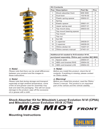 Ohlins Mis Mi01 Mitsubishi Lancer Evo 7 9 Set Replaces Mis Mi00 Mounting Instruction Manualzz