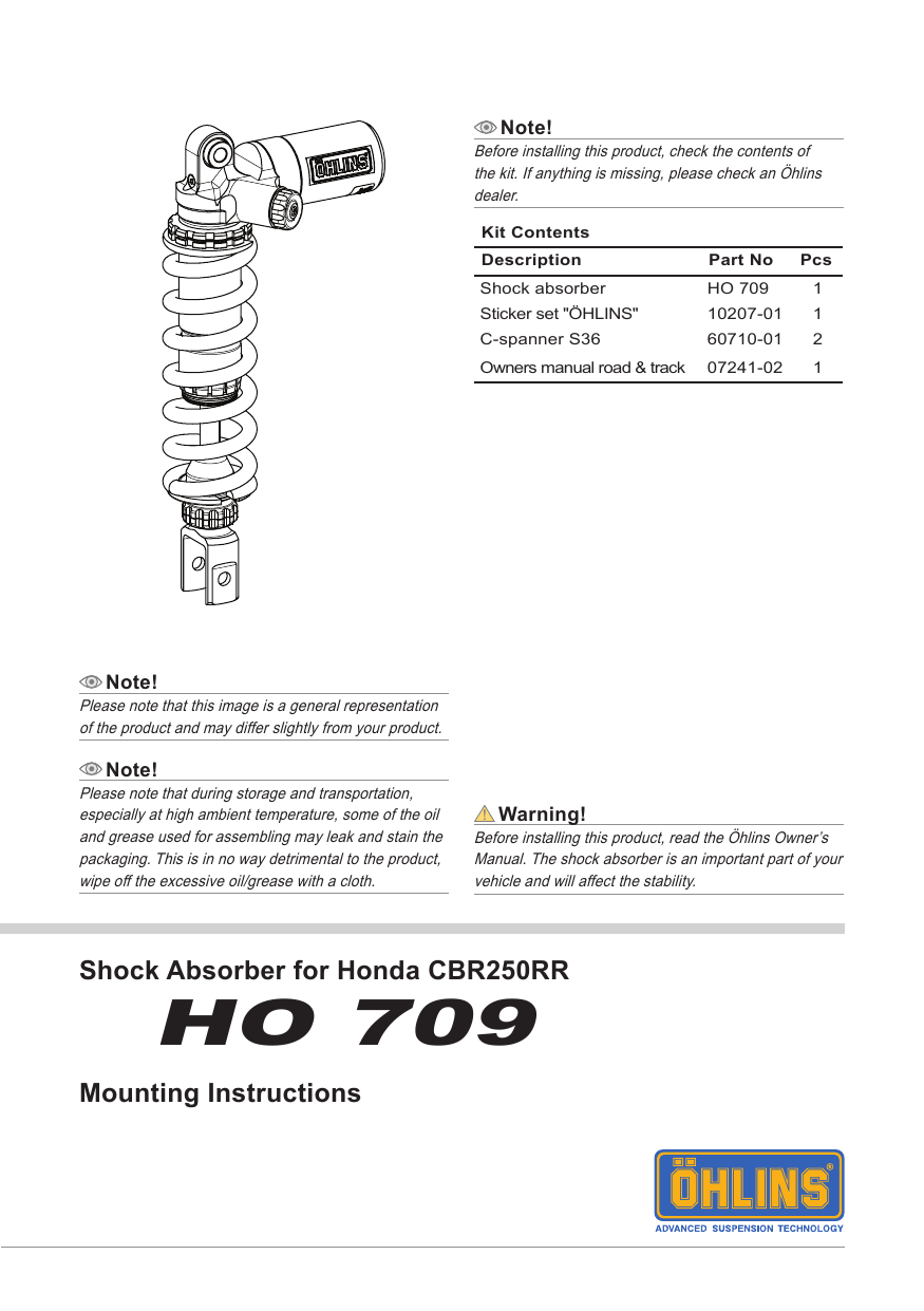 Ohlins Ho709 Shock Absorber For Honda Cbr250rr Mounting Instruction Manualzz