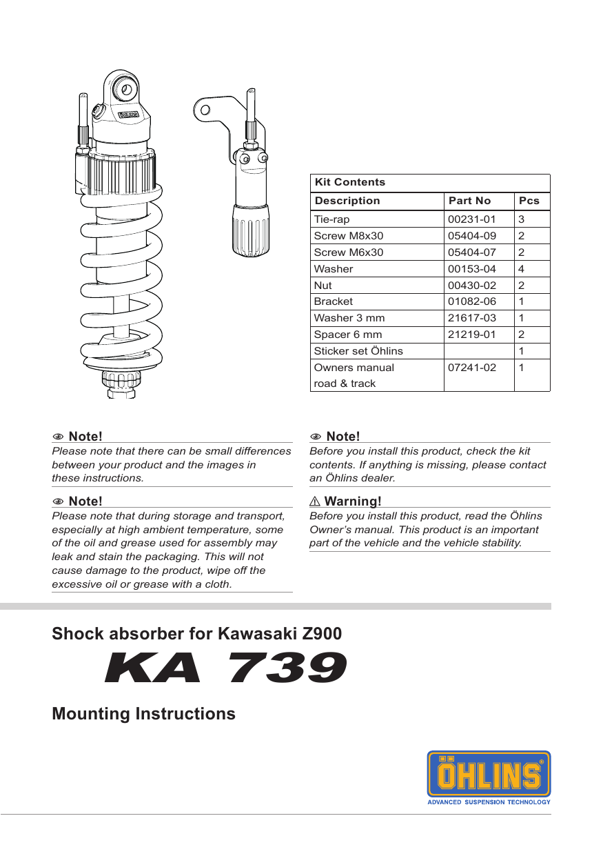 Ohlins KA739 Shock absorber S46DR1LS Kaw Z900 + Z900 RS Mounting