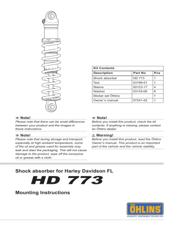 Ohlins HD773 Shock Absorber for Harley Davidson FL Mounting Instruction ...