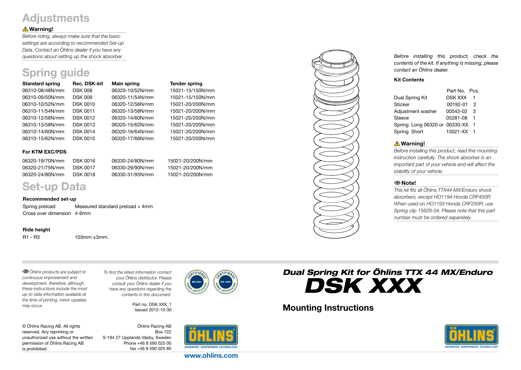 Ohlins DSKkit Dual spring kit MX Mounting Instruction Manualzz