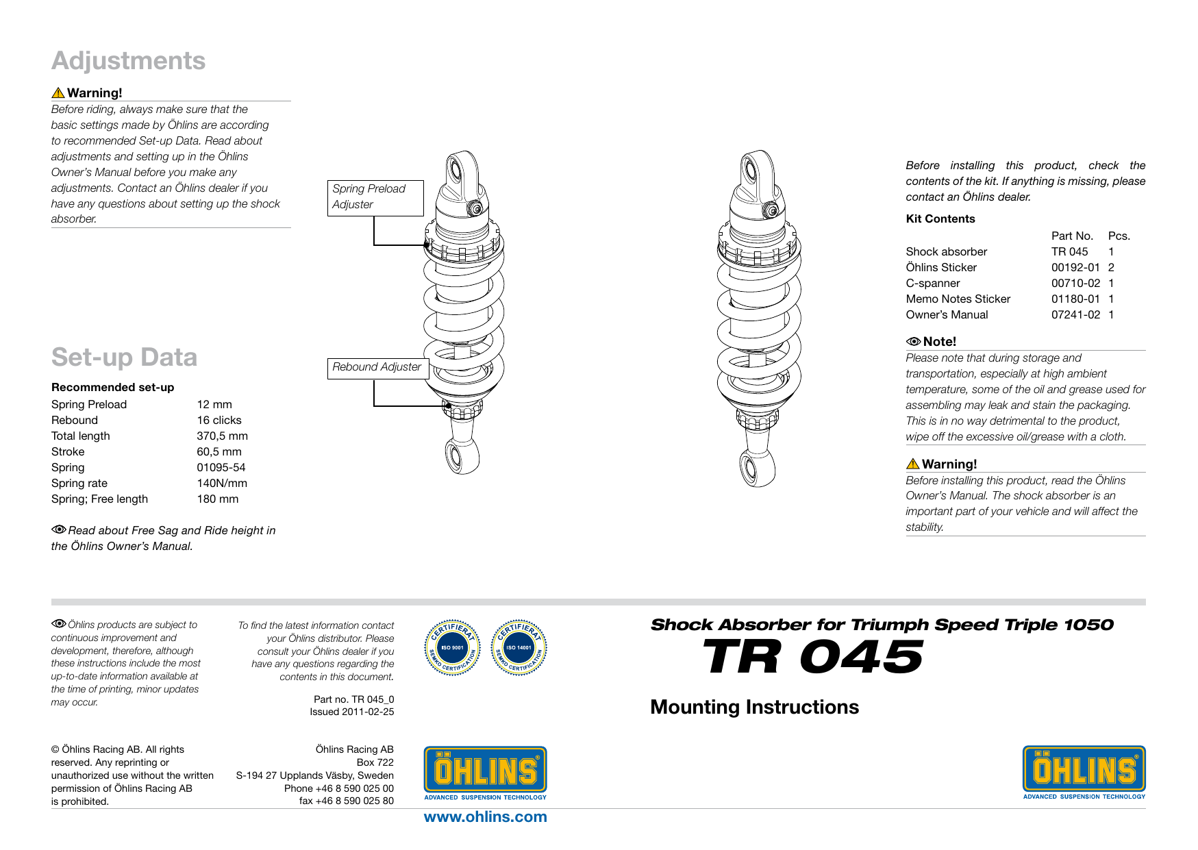 Ohlins TR045 User manual Manualzz