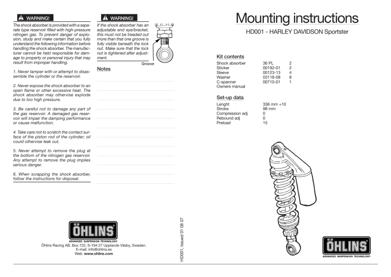 Ohlins HD001 User manual Manualzz