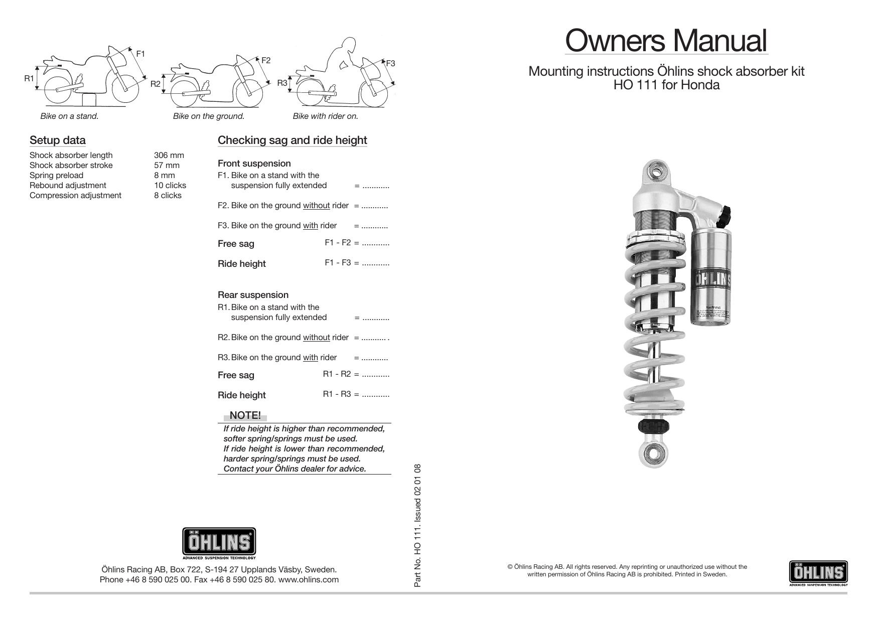 Ohlins HO111 User manual Manualzz