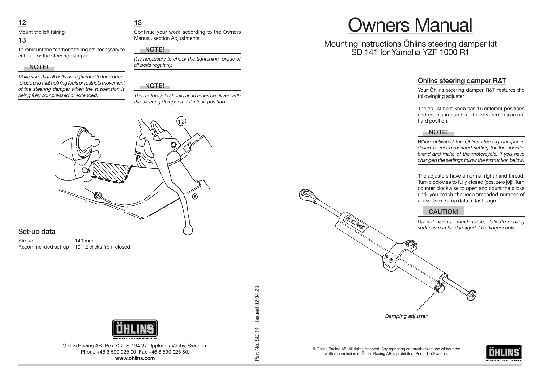 Ohlins SD141 Steering damper YZF1000R1 Mounting Instruction Manualzz