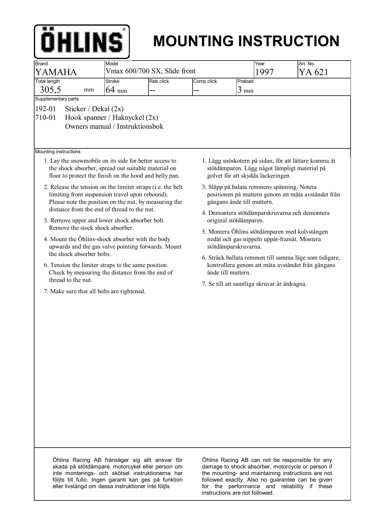 Ohlins YA621 User manual | Manualzz