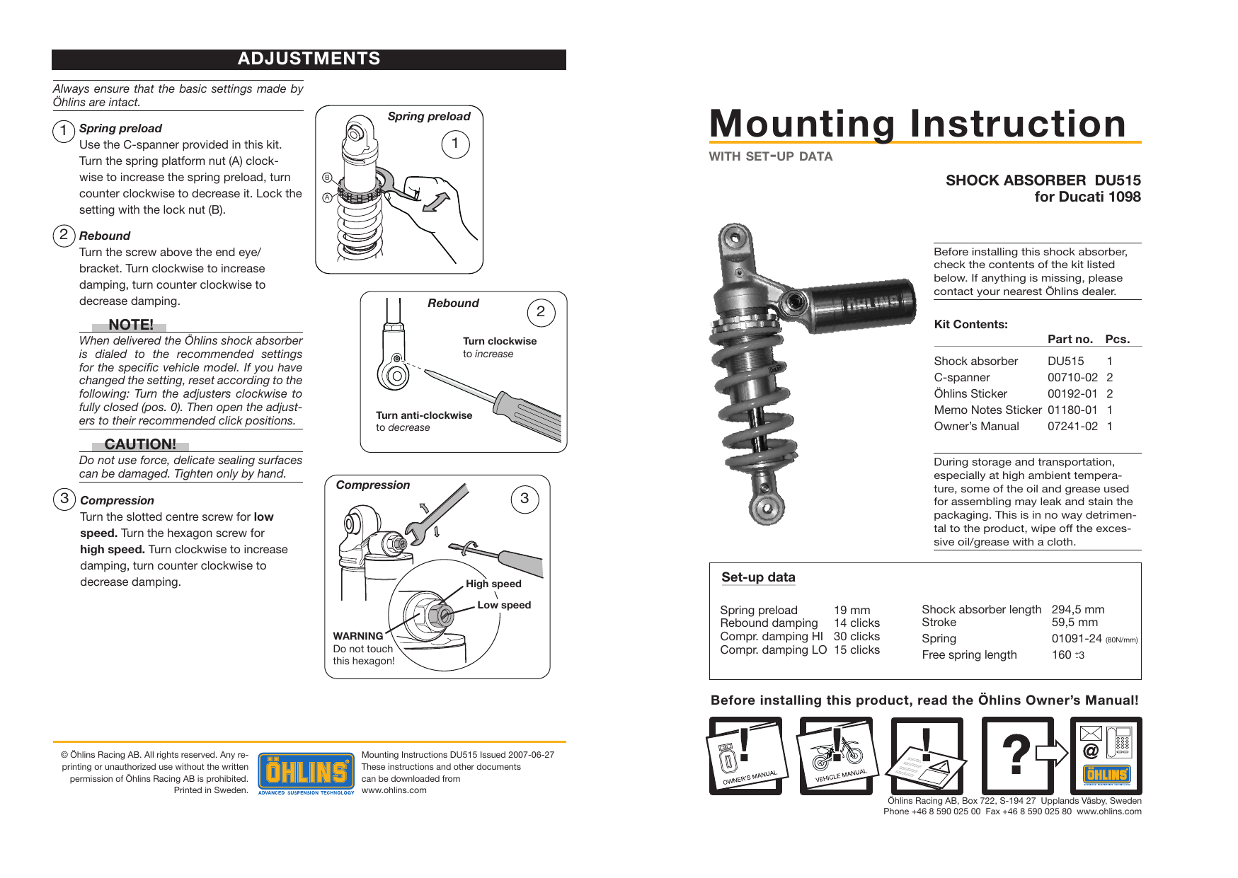 Ohlins DU515 User manual Manualzz