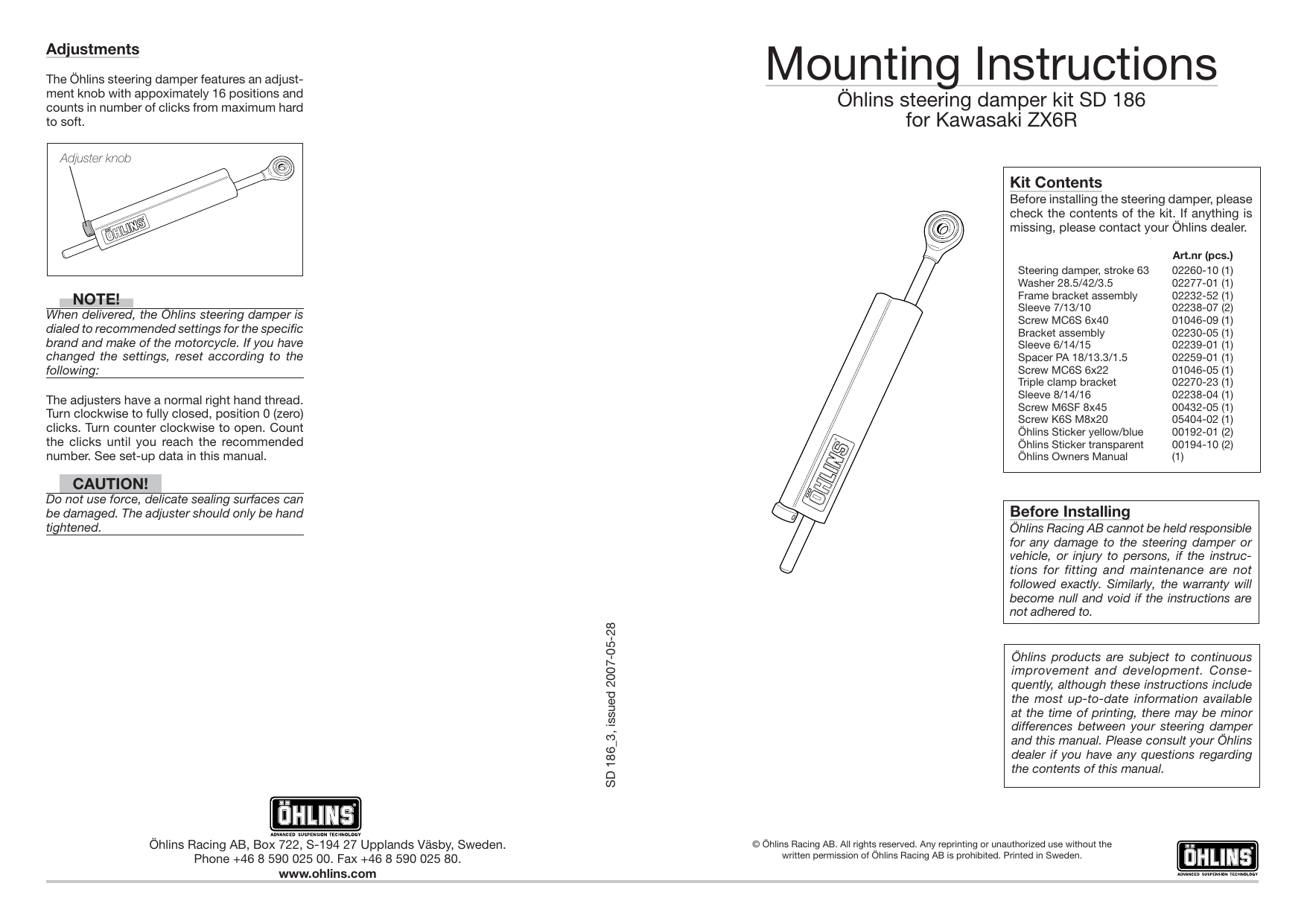 Ohlins SD186 Steering damper Kawasaki ZX6R Mounting Instruction Manualzz