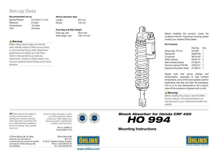 Ohlins HO994 User manual Manualzz