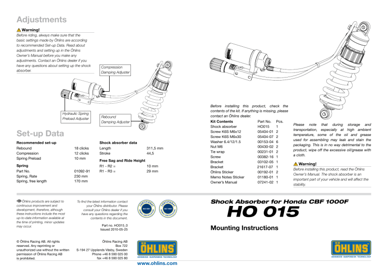 Ohlins HO015 User manual Manualzz
