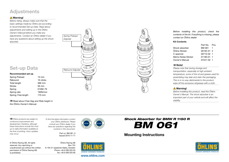 Ohlins BM061 User manual Manualzz