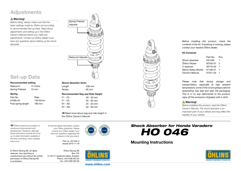 Ohlins HO046 User manual Manualzz