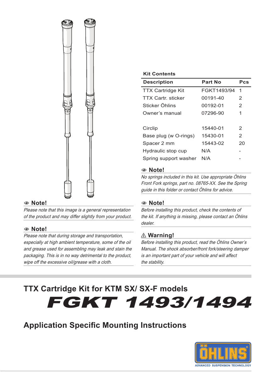 Ohlins FGKT1593/FGKT1594 TTX Cartridge Kit for KTM SX/SXF Europe Mounting Instruction Manualzz