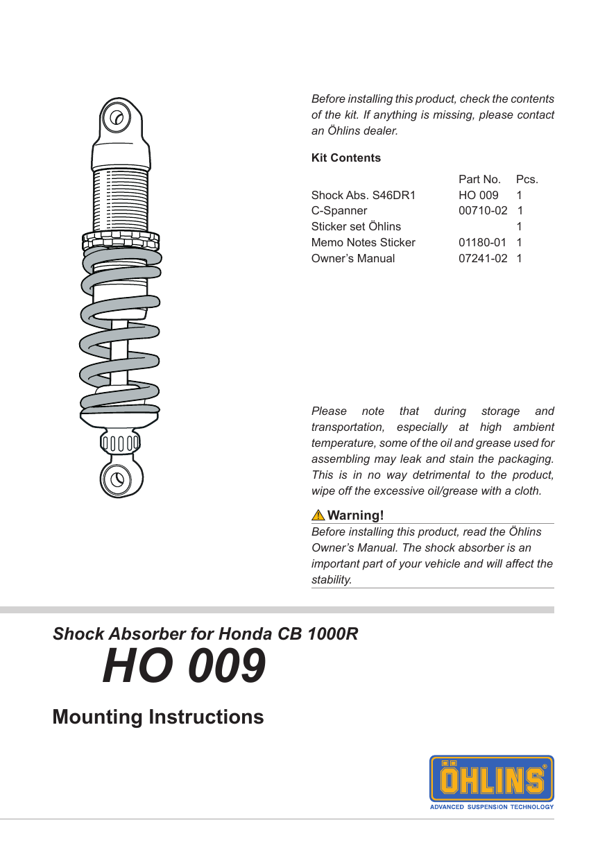 Ohlins HO009 User manual Manualzz
