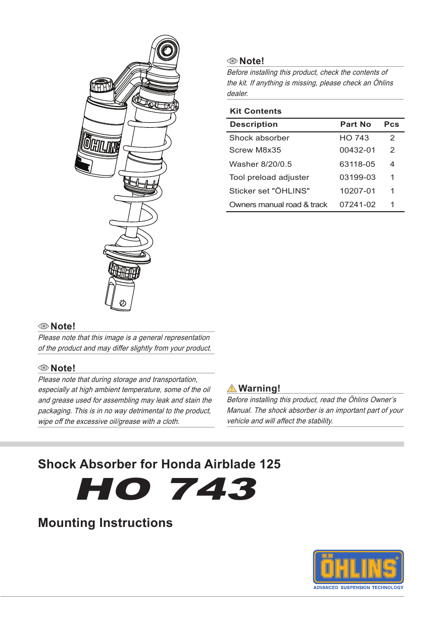 Ohlins Ho743 Shock Absorber For Honda Airblade 125 Mounting Instruction Manualzz Ohlins Ho743 Shock Absorber For Honda Airblade 125 Mounting Instruction Manualzz