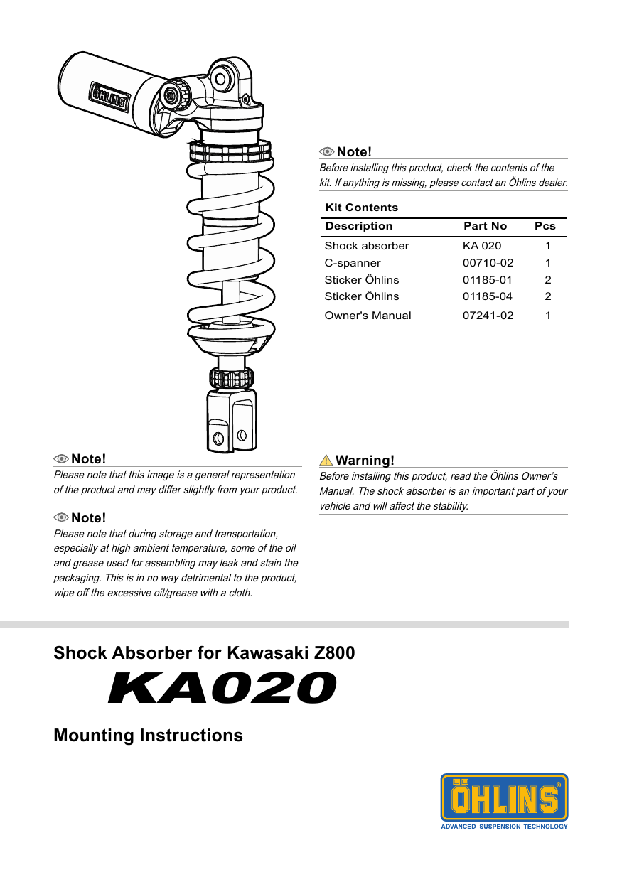 Ohlins Ka020 User Manual Manualzz