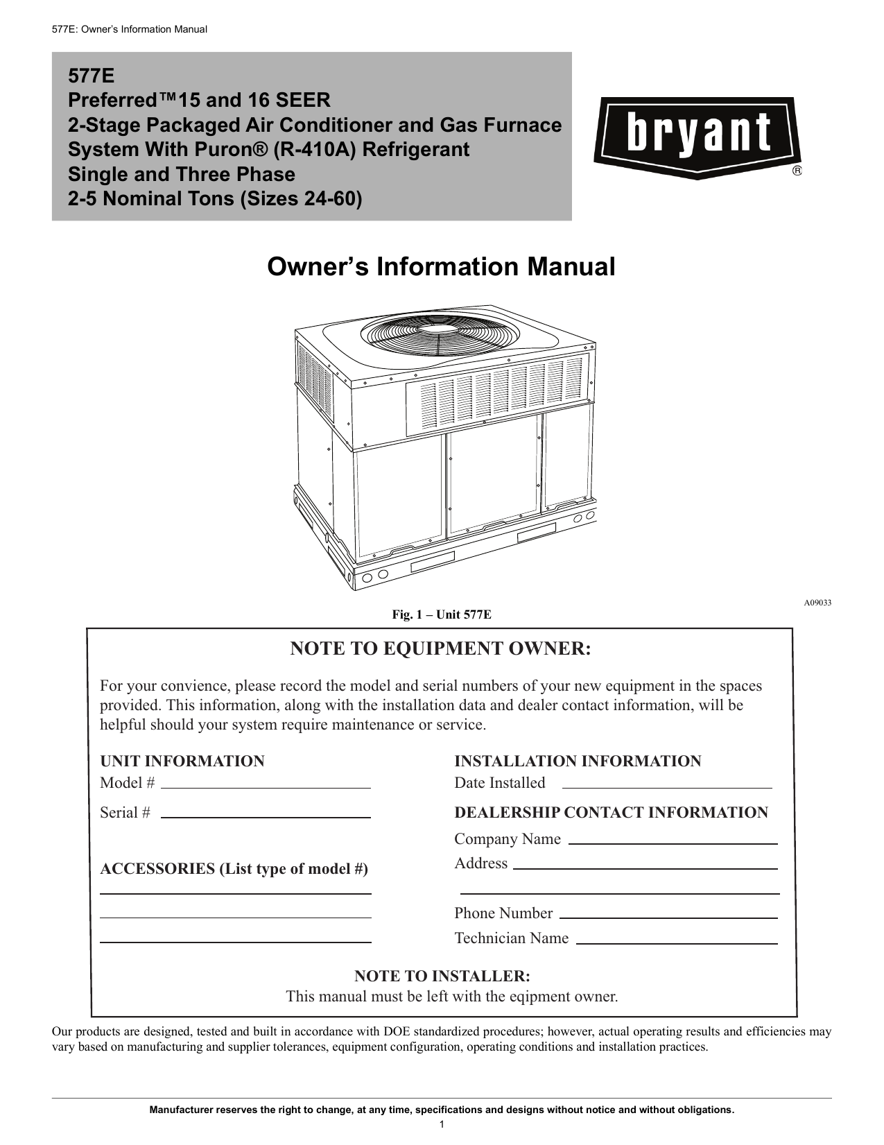 Bryant 577E Owner's manual | Manualzz