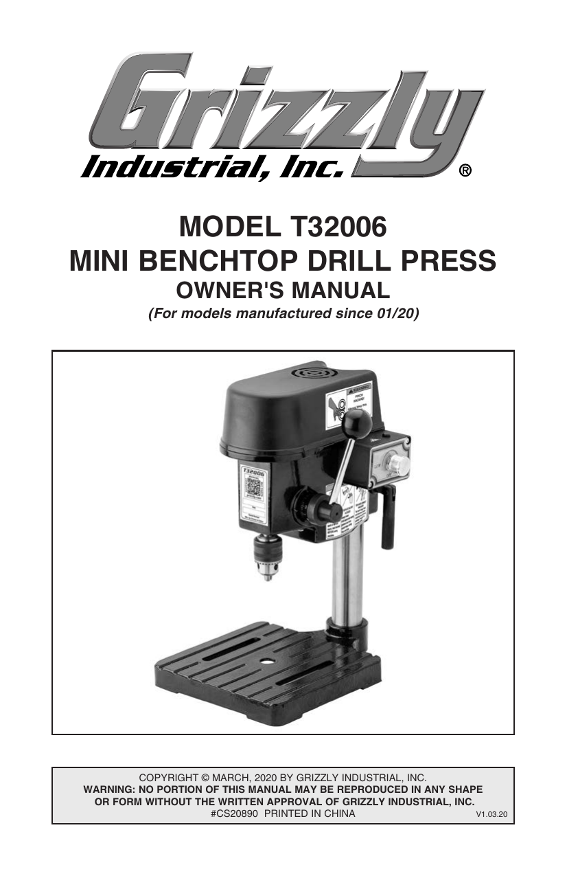 Grizzly T32006 - Variable-Speed Mini Benchtop Drill Press