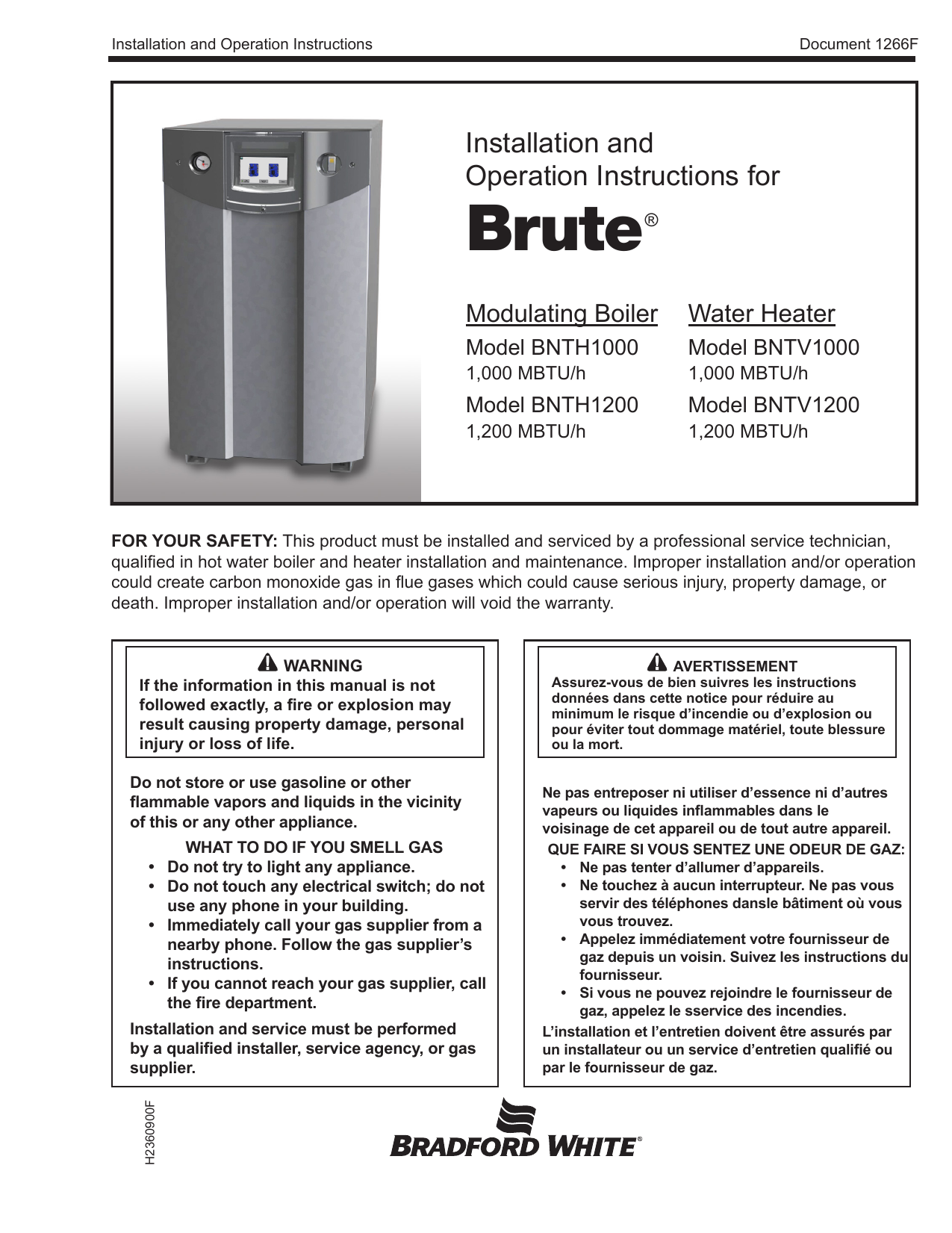 Bradford White BNTV1200 Brute Series Volume Water Heaters (BNTV) 1000