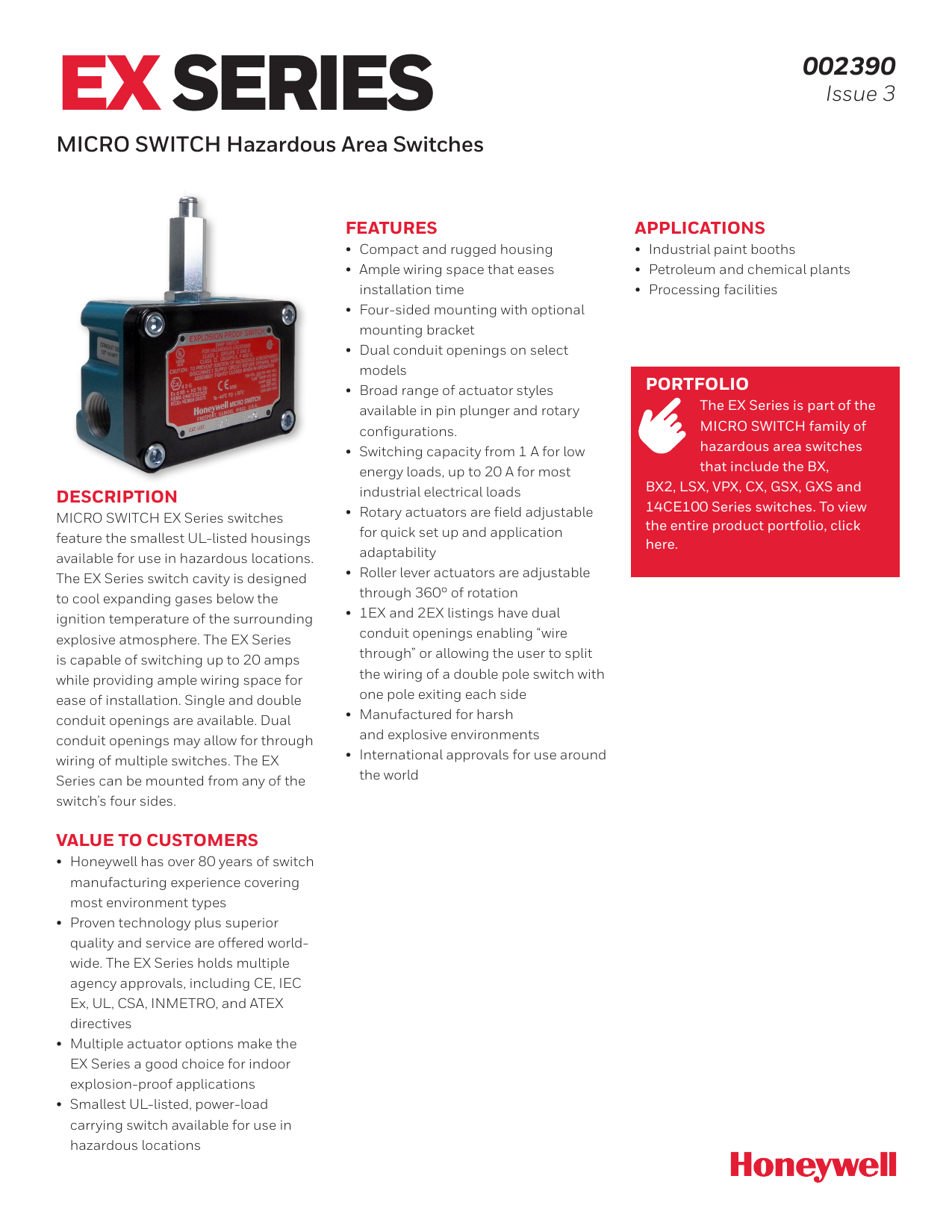 Honeywell MICRO SWITCH EX Series Hazardous Location Limit Switches