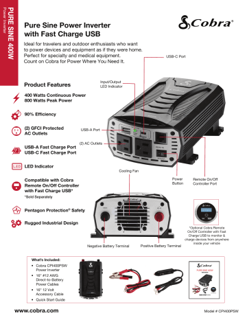 Cobra Pure Sine 400W Power Inverter Spec Sheet | Manualzz