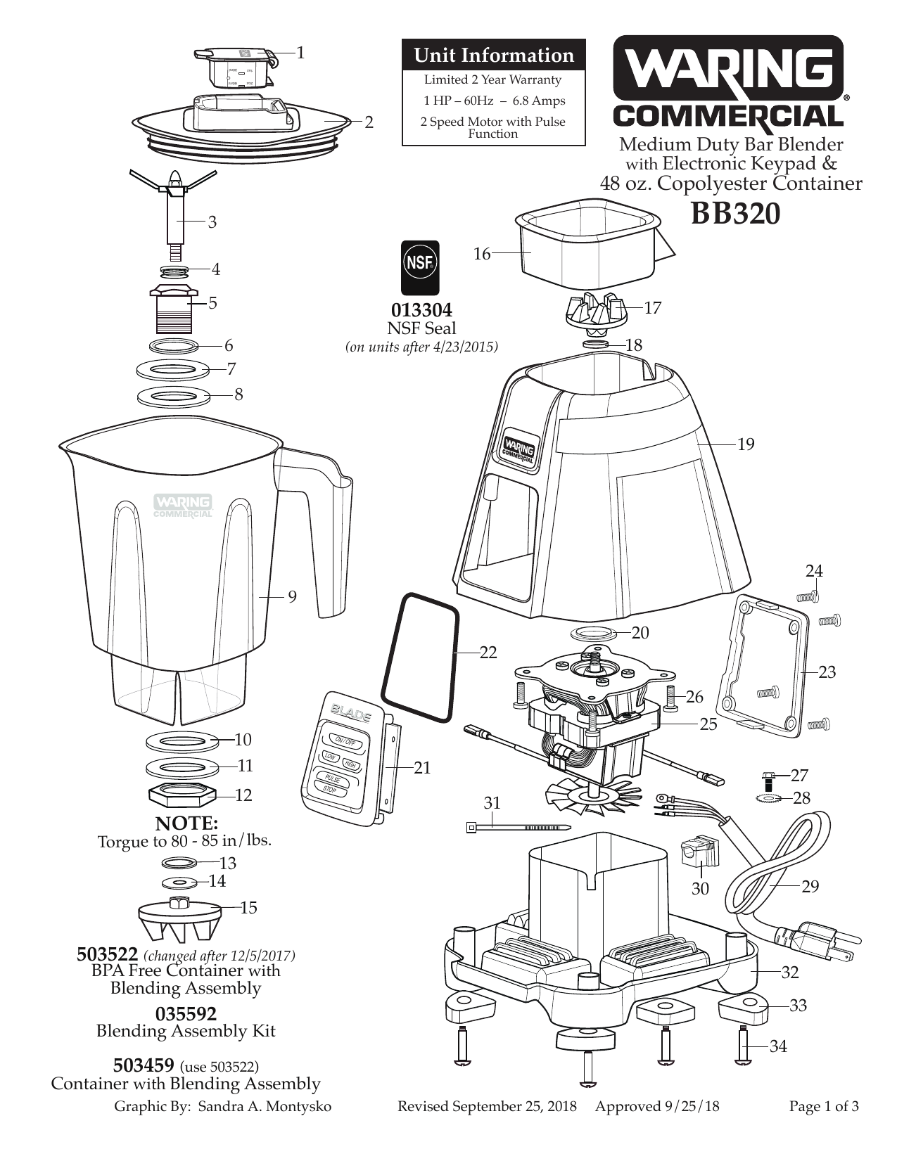 Waring BB320 Waring Blade Series 1 HP Blender Parts Diagram Manualzz
