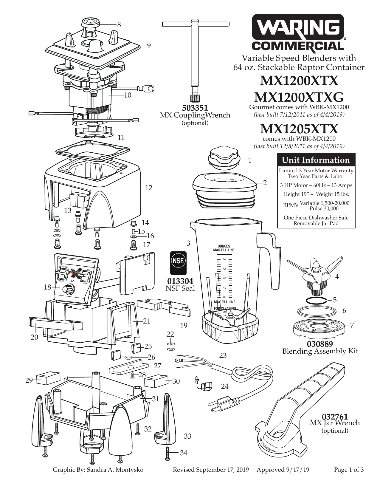 Waring MX1200XTX XPREP® HiPower VariableSpeed Food Blender Parts