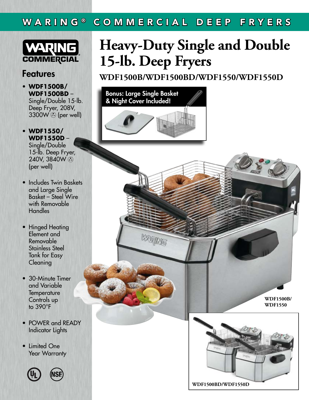 Waring WDF1550D Double 15 lb. Deep Fryer 240V Spec Sheet Manualzz