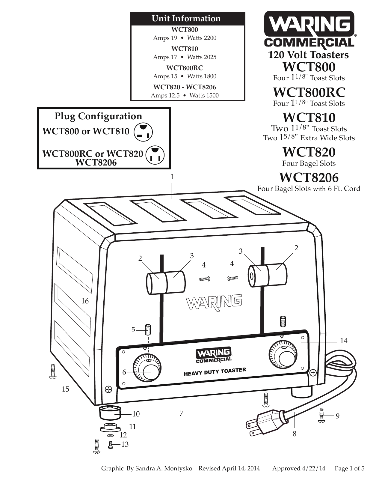 Waring WCT800RC Heavy-Duty 4-Slot Toaster – 120V 1800W Parts Diagram