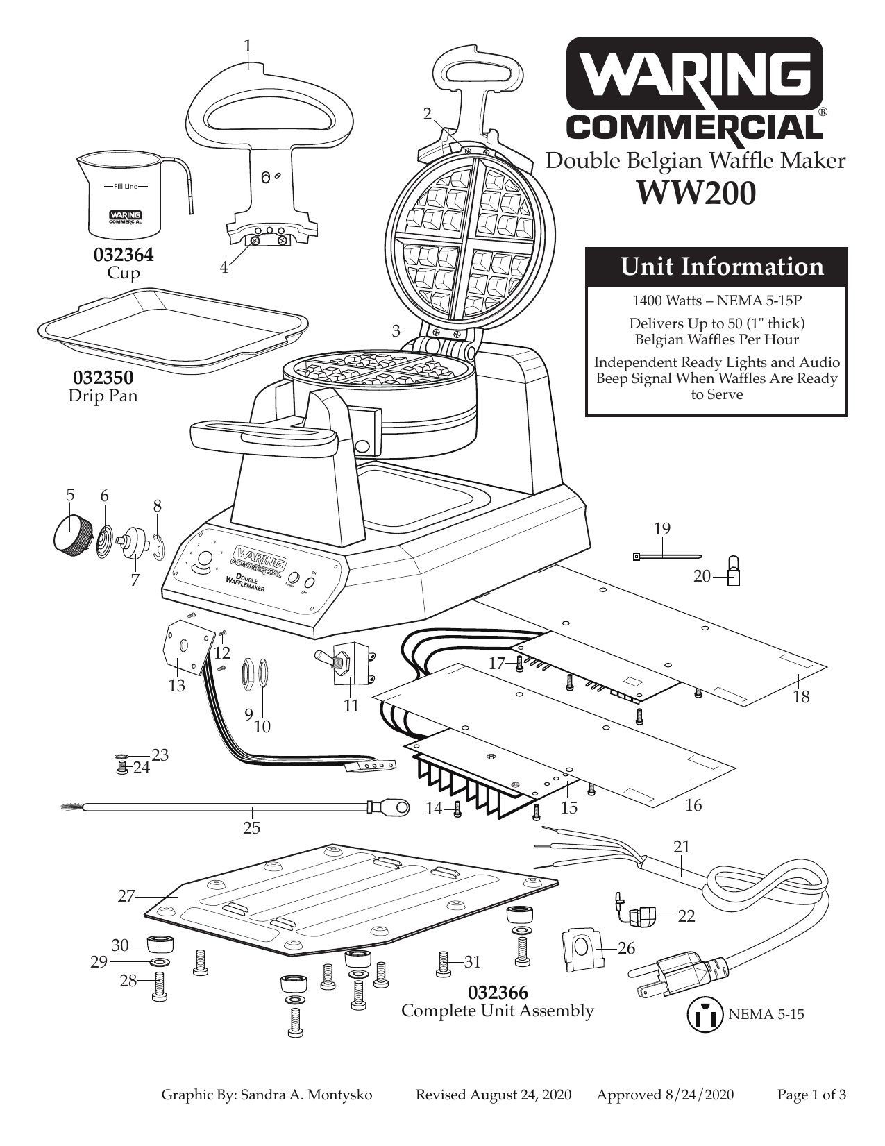 Waring WW200 Double Vertical Belgian Waffle Maker 120V 1400W Parts