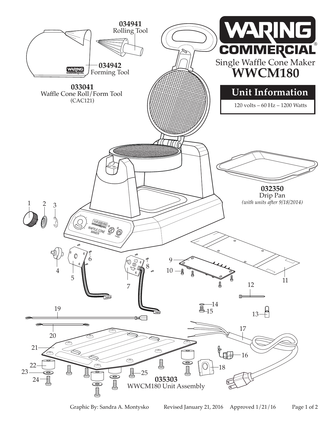 Waring WWCM180 Single Waffle Cone Maker 120V 1200W Parts Diagram