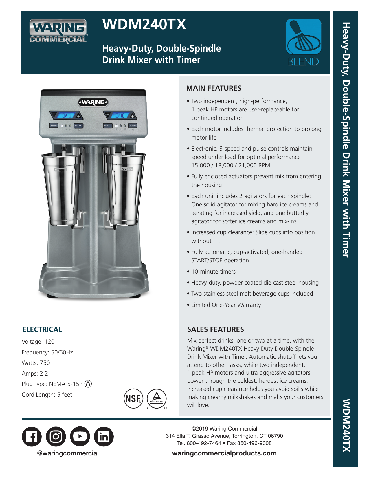 Waring WDM240TX HeavyDuty DoubleSpindle Drink Mixer Spec Sheet Manualzz