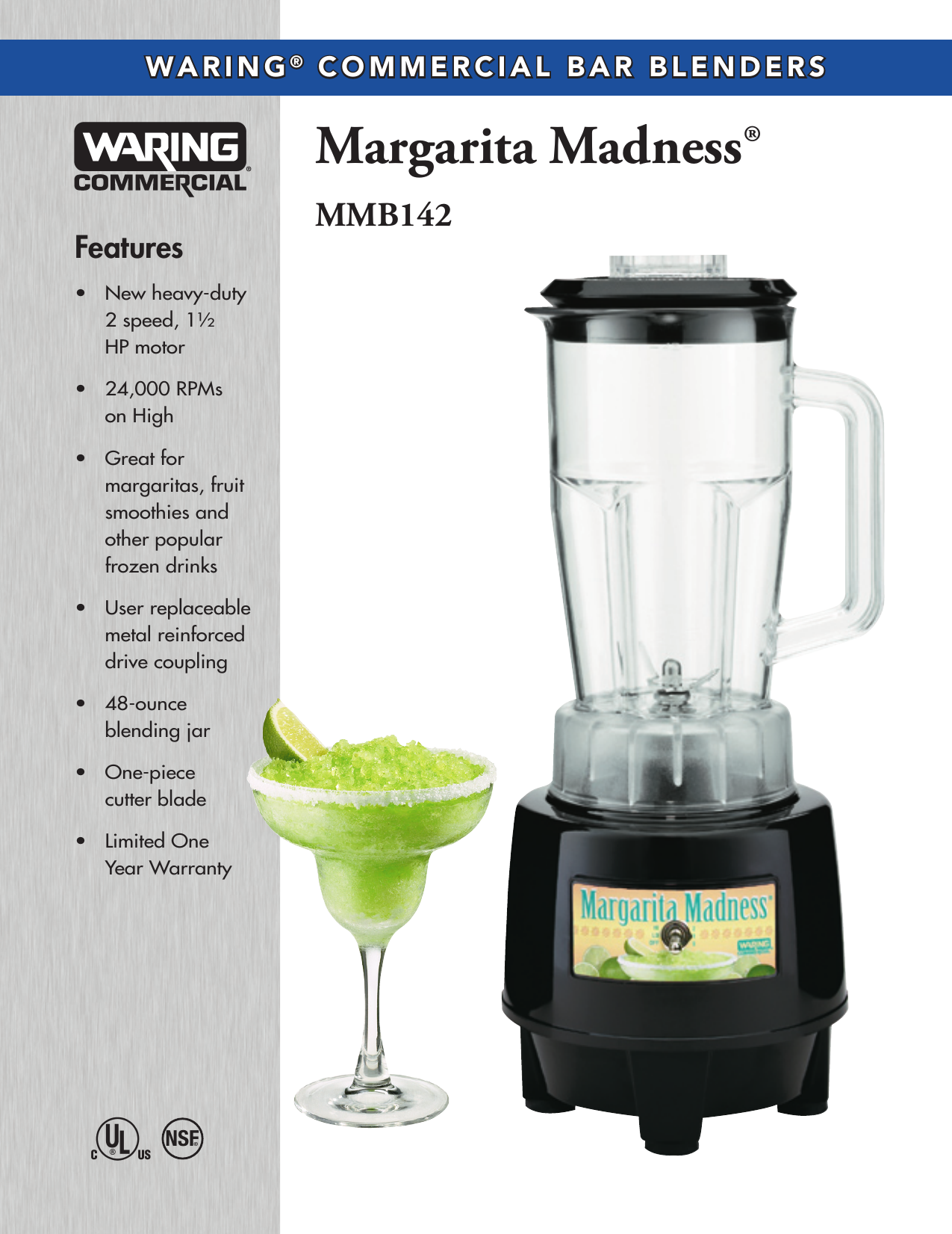 Waring MMB142 Margarita Madness® 1.5 HP Blender Spec Sheet Manualzz
