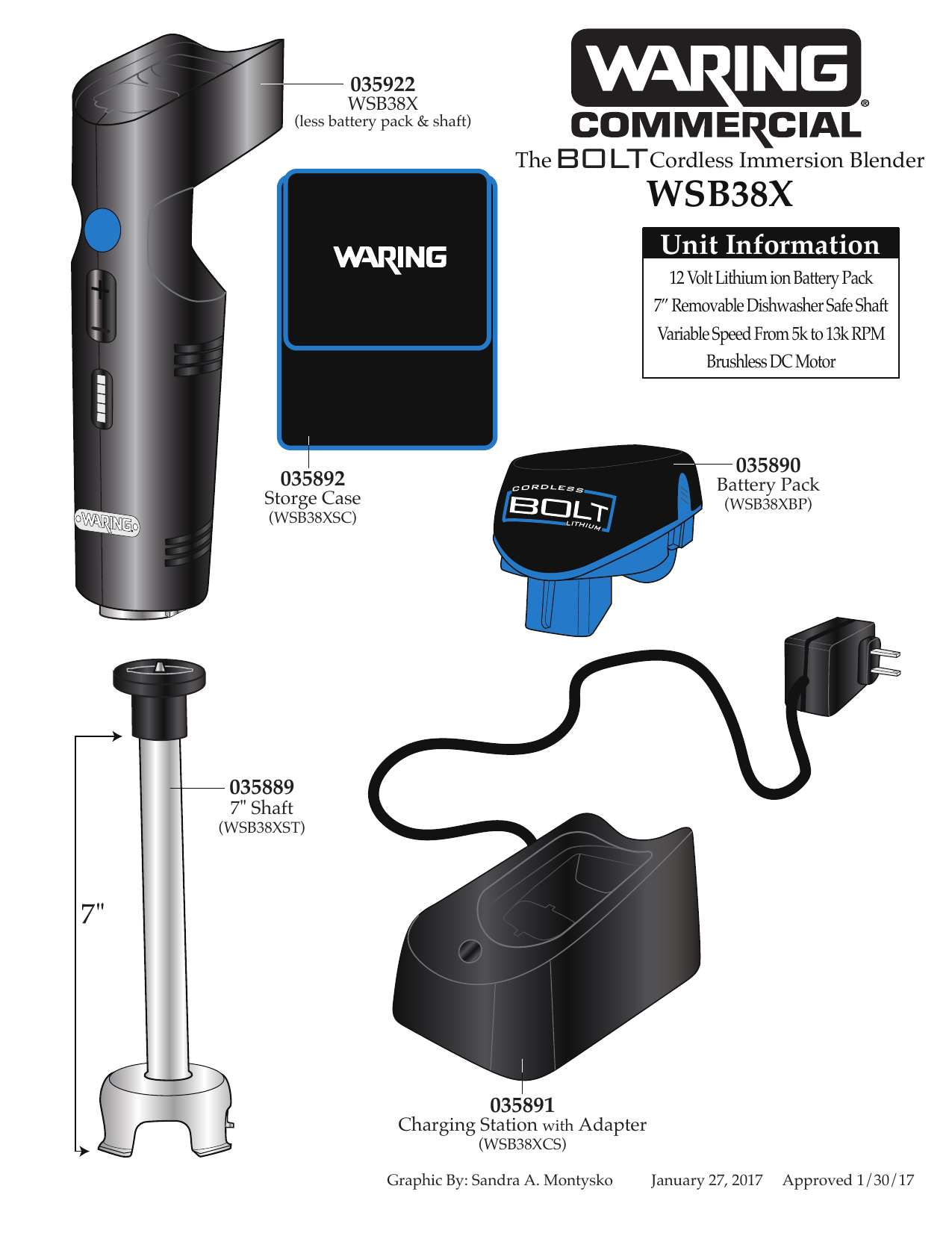 Waring WSB38X Waring® BOLT® Cordless Lithium Immersion Blender Parts