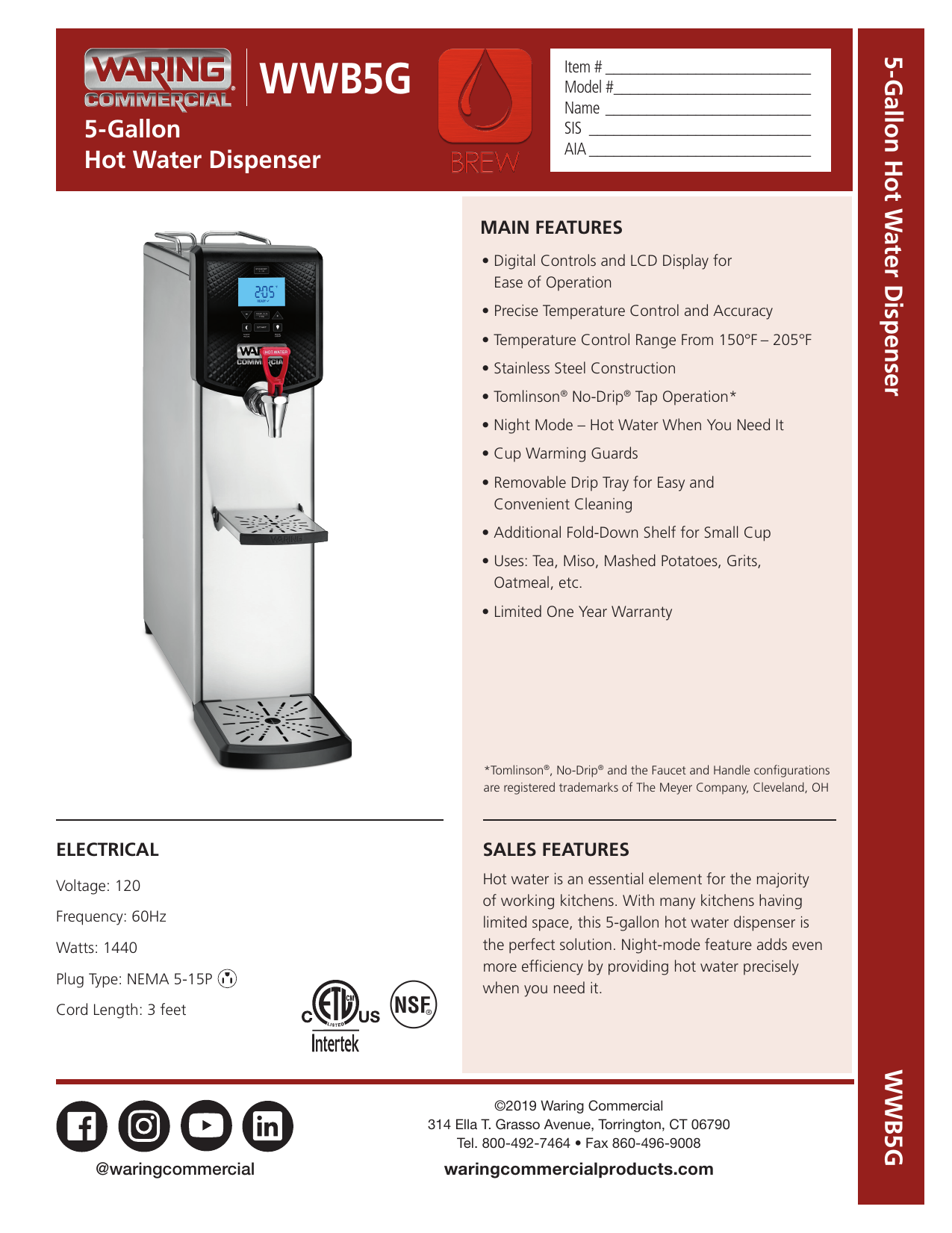 Waring WWB5G 5Gallon Hot Water Dispenser Spec Sheet Manualzz