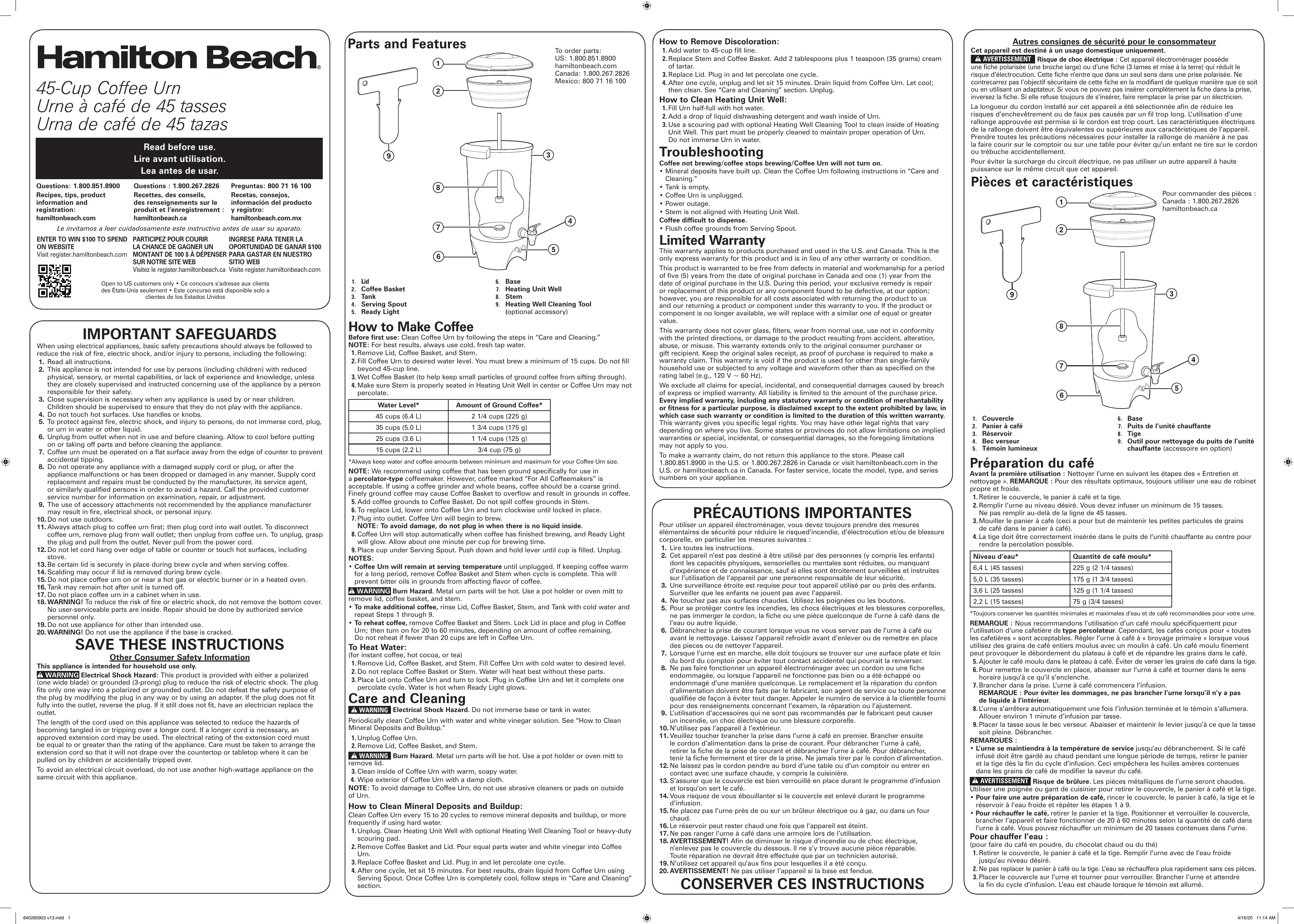 Hamilton Beach 40515R 45-Cup Coffee Urn Use and Care Guide | Manualzz
