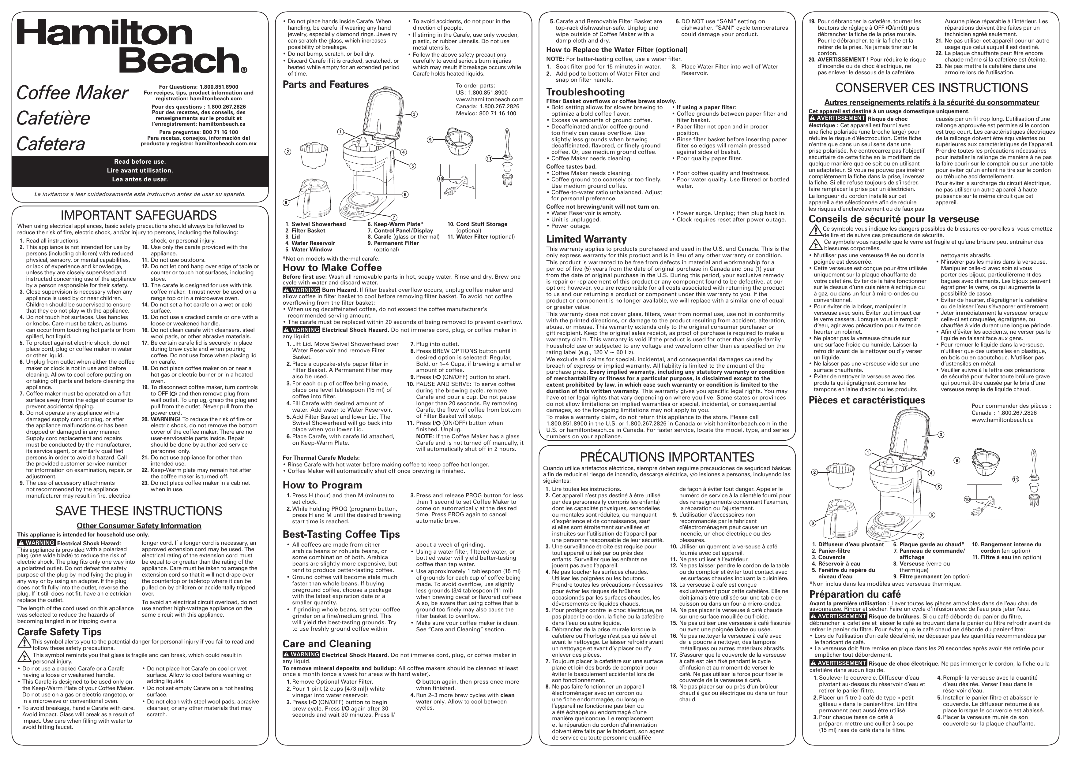 Hamilton Beach 46292 12 Cup Programmable Coffee Maker Use and Care
