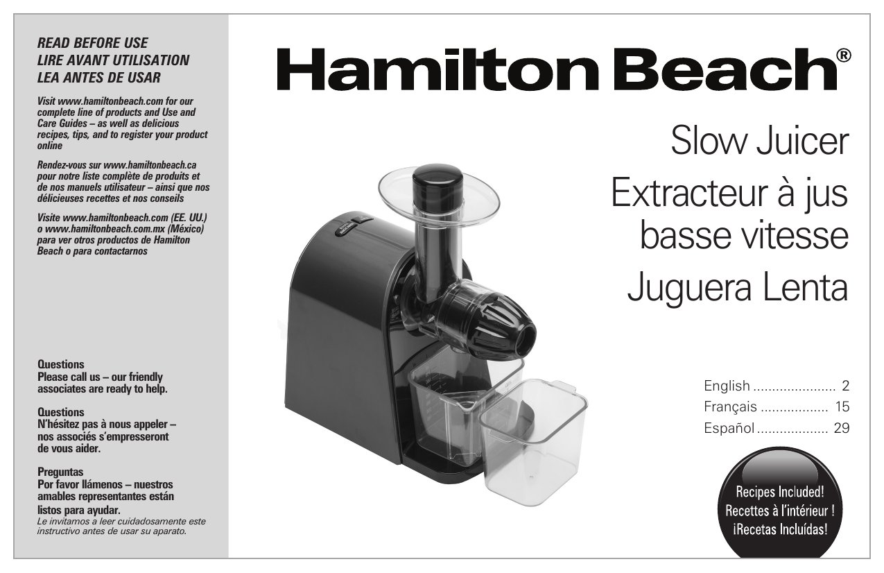 Hamilton Beach 67951 Masticating Slow Juicer Use and Care Guide | Manualzz