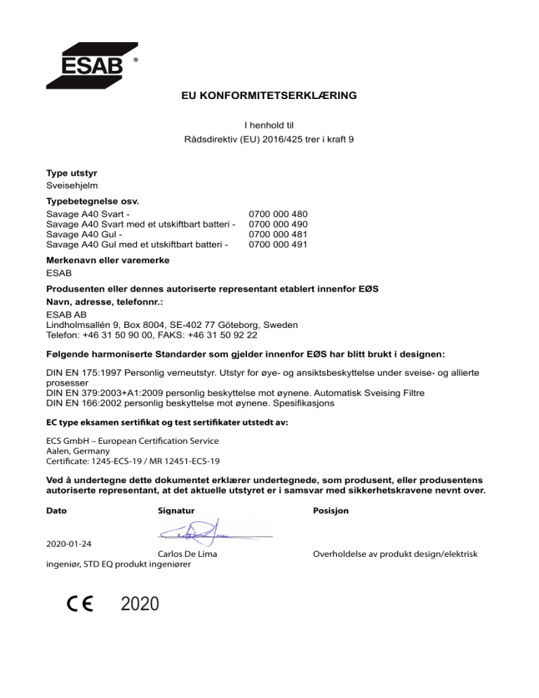 ESAB ESAB SAVAGE A40 Welding Helmet Declaration of conformity Manualzz