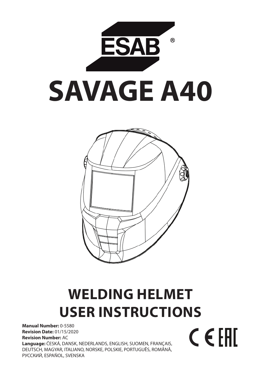 ESAB SAVAGE A40 Welding Helmet Manuel utilisateur | Manualzz