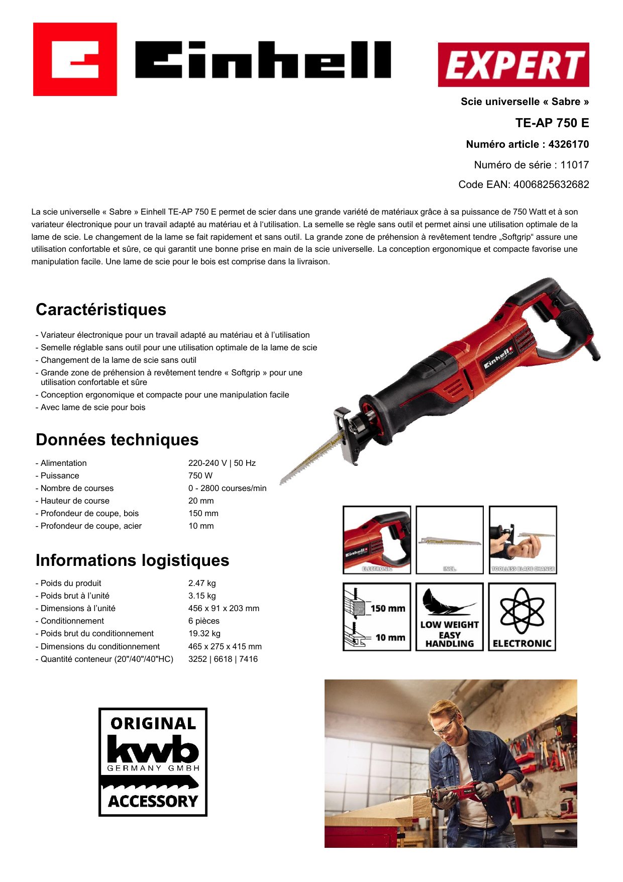 Einhell Scie universelle sabre TE-AP 750 E