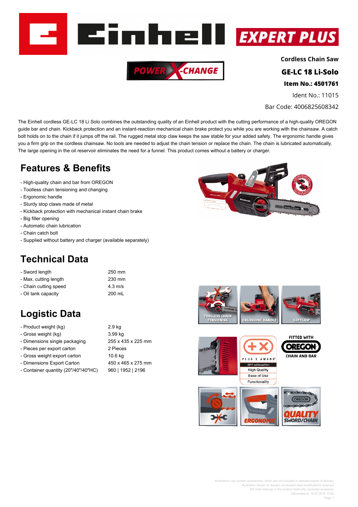 Einhell GELC 18 LiSolo Cordless Chain Saw Product sheet Manualzz