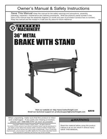 Central Machinery 36 in. Metal Brake with Stand Owner's Manual & Safety Instructions | Manualzz