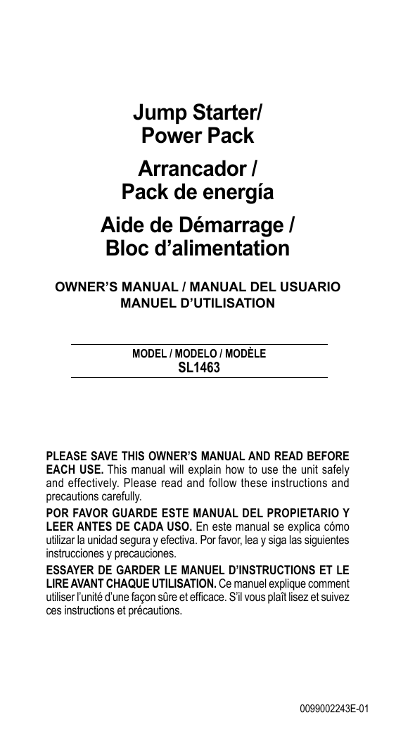 Schumacher SL1463 Jump Starter/Power Pack Owner Manual Manualzz
