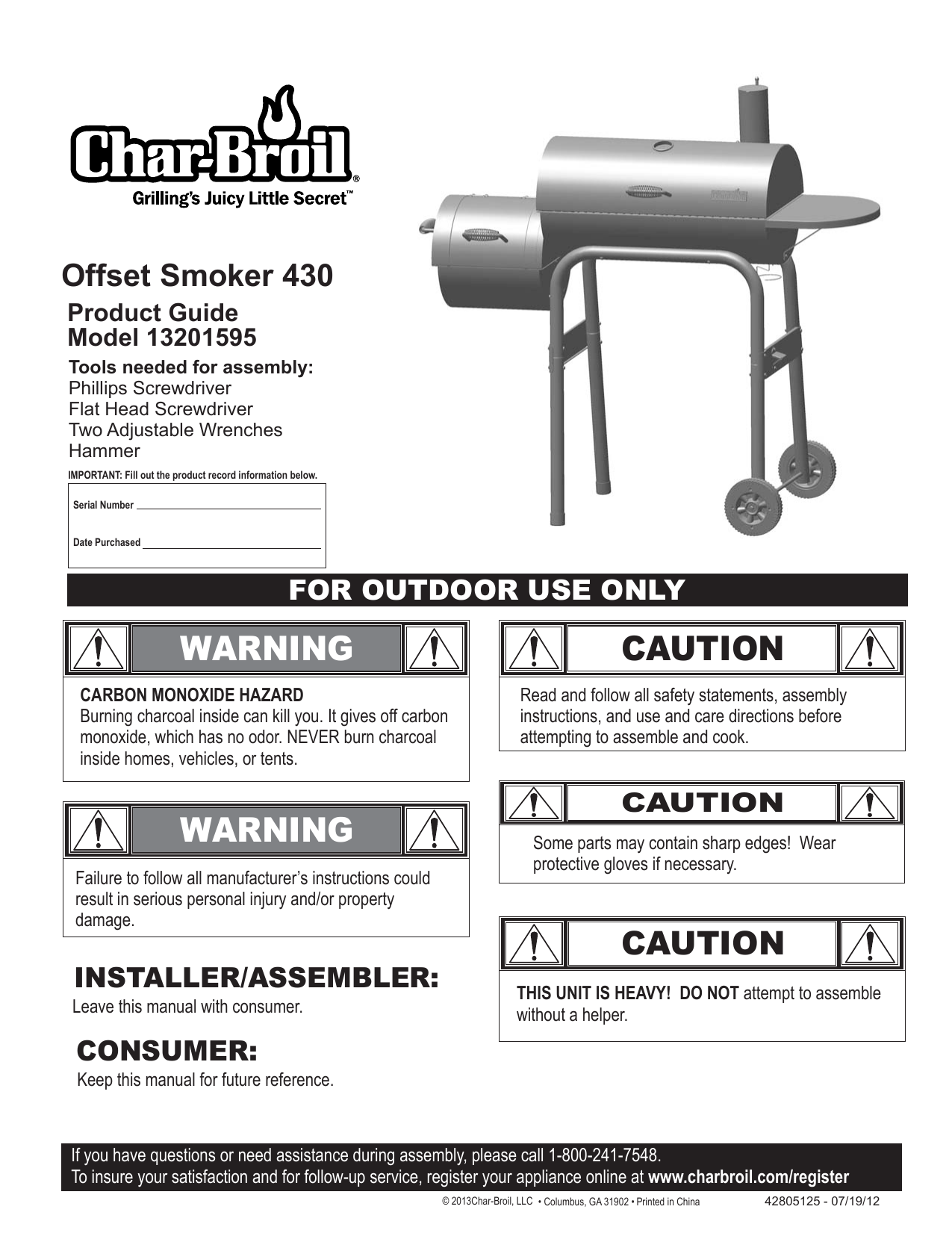 Char Broil 13201595 Offset Smoker 430 13201595 Product Manual