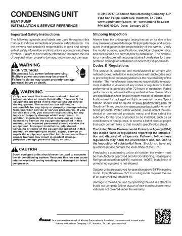 Goodman Gsz Gsz16 Series 3 5 Ton 16 Seer Horizontal And Upflow Single Stage R 410a 1 4 Hp Split System Heat Pump Installation Manual Manualzz