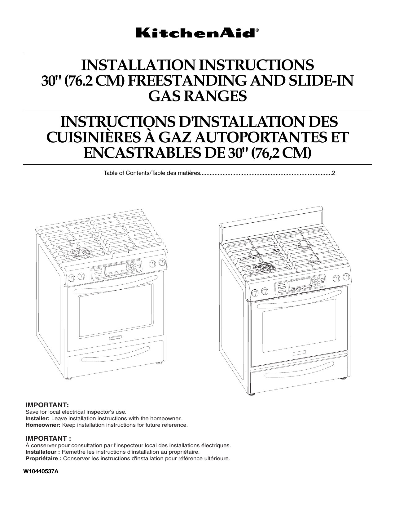 KitchenAid KGSS907SSS Architect® 30 in. Convection SlideIn Gas Range Installation manual Manualzz
