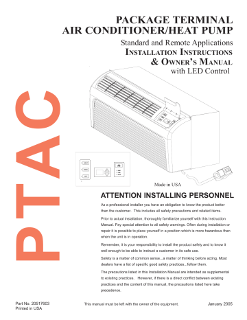 Amana Hvac Pth123b35am Digismart 12000 Btu 230 208v Ptac Heat Pump Installation Manual Manualzz