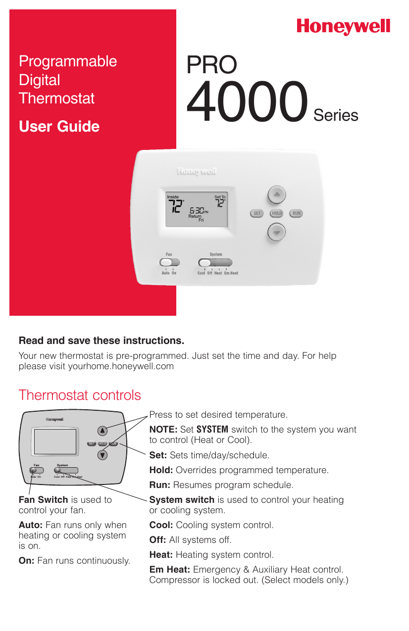 Honeywell TH4110D1007 Thermostat Owner's Manual | Manualzz